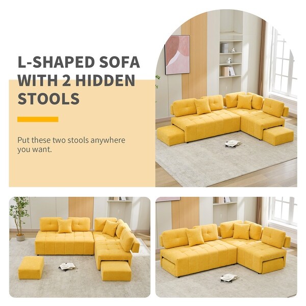 L shape Sectional Sofa w2 Hidden Stools and Lumbar Pillows for Livingroom Tuffted Lounge Corner Couch Space saving Sofa Yellow Bed Bath Beyond 42105312