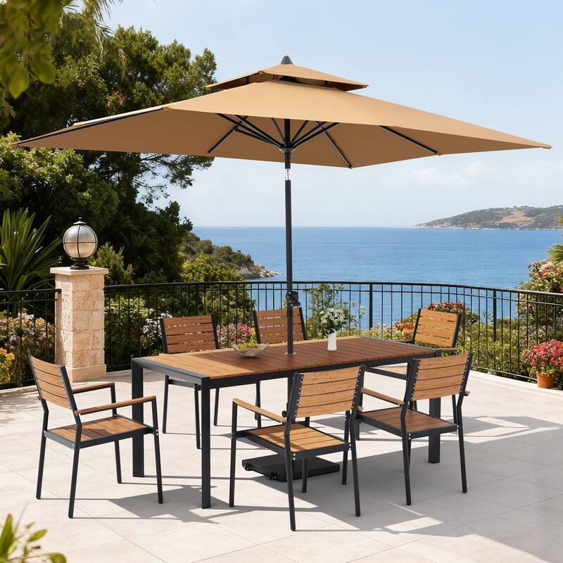 Set of 9 Outdoor Patio Dining Set WoodLike Aluminum Umbrella Hole Table with Stackable Armchairs, Double Top Market Umbrella Set - BrownTable&BrownChairs&TanUmbrella