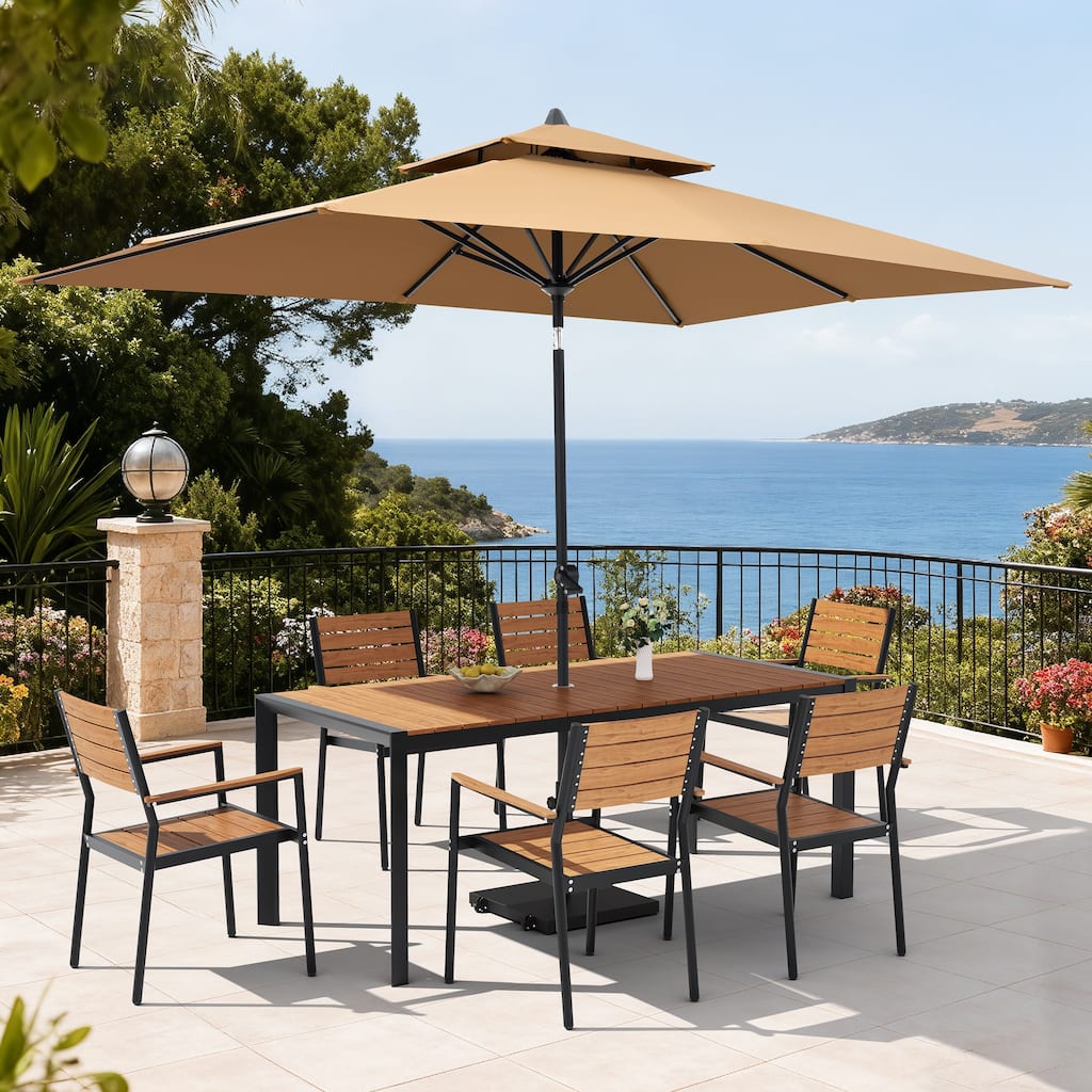 Set of 9 Outdoor Patio Dining Set WoodLike Aluminum Umbrella Hole Table with Stackable Armchairs, Double Top Market Umbrella Set