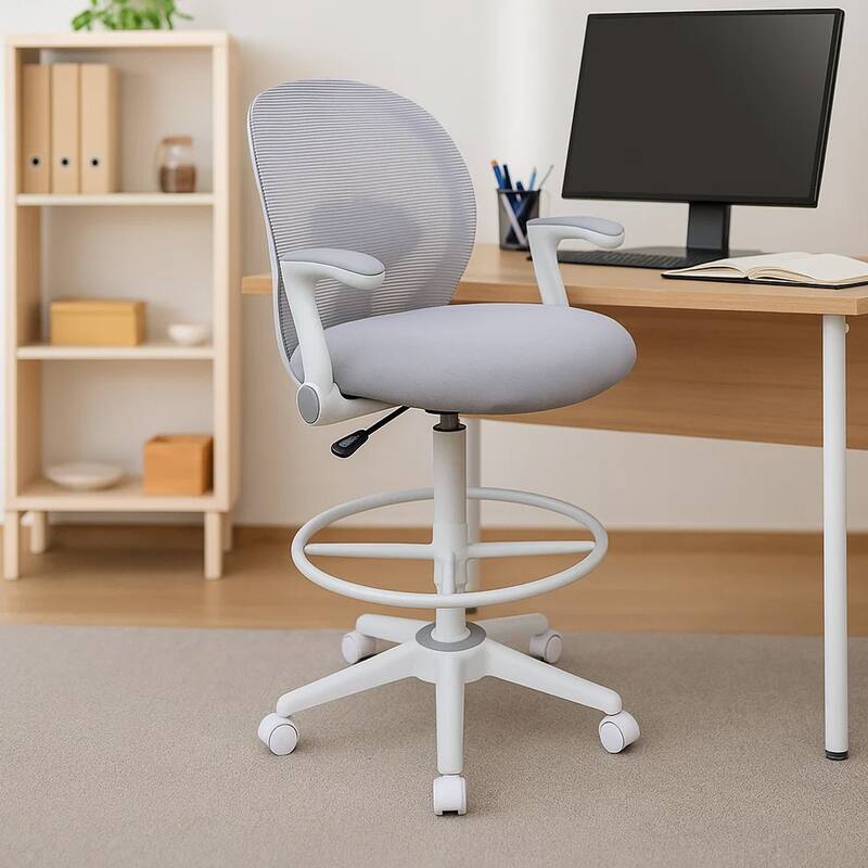 Swivel Office Stool, Flip-Up Arms and White Footring, Gray Mesh Back