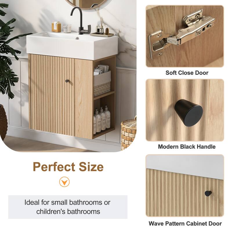 Floating Bathroom Vanity with Sink, Wall Mounted Bathroom Vanity, Narrow Bathroom Cabinet with Soft-Close Door & Open Shelf