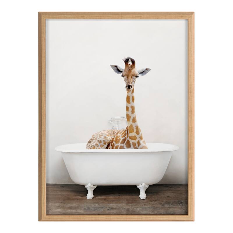 Kate and Laurel Blake Giraffe Tub Framed Printed Glass by Amy Peterson