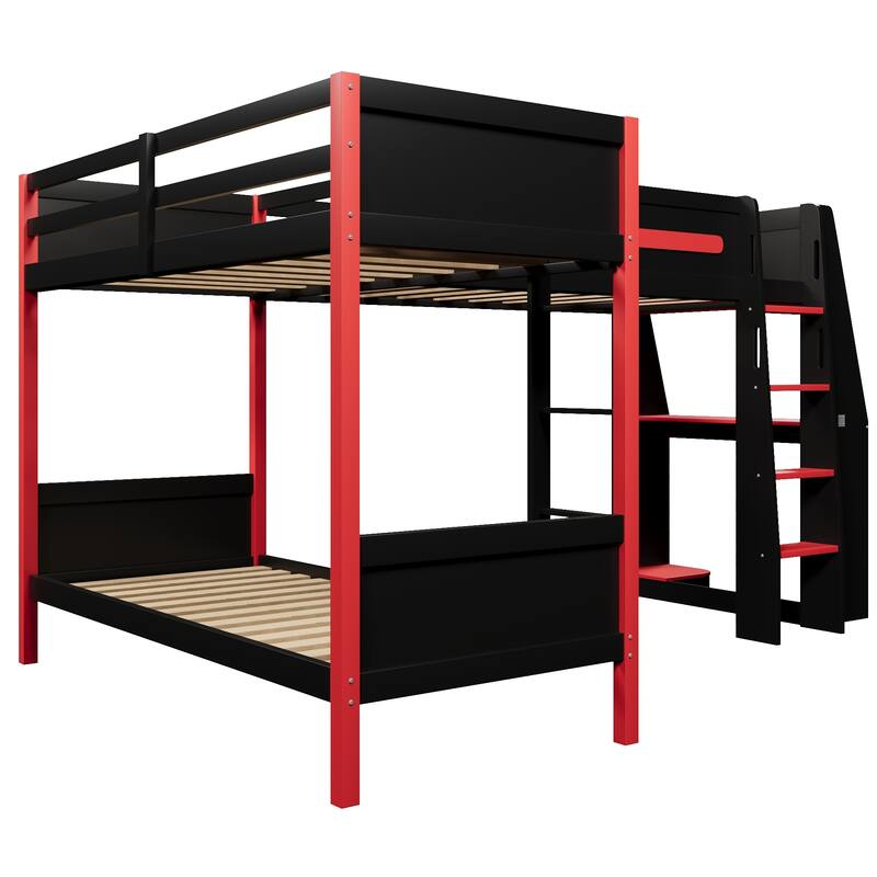 GDFStudio - GameFlex Modern Wooden L-Shaped Twin Gaming Bunk Bed with Desk and LED