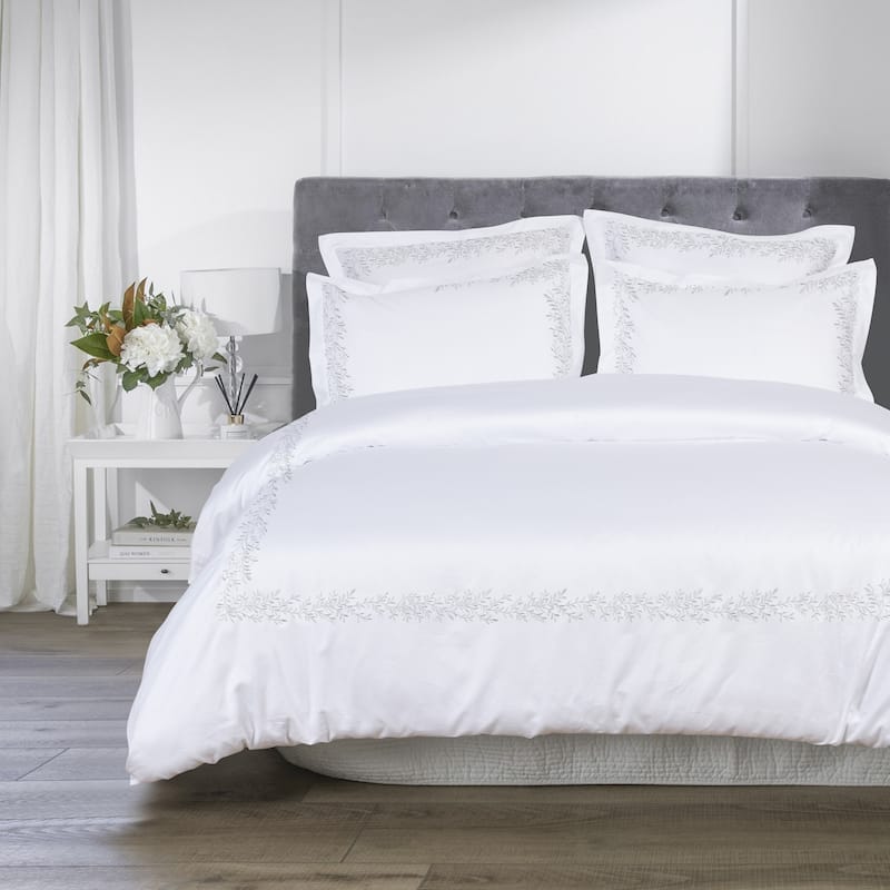 Home Sweet Home Collection 600TC Cotton Floral Embroidery Duvet Set - 3 Color - White - Full - Queen - 3 Piece