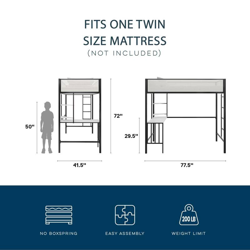 Space-Saving Twin Loft Bed with Desk and Shelves for Kids and Teens