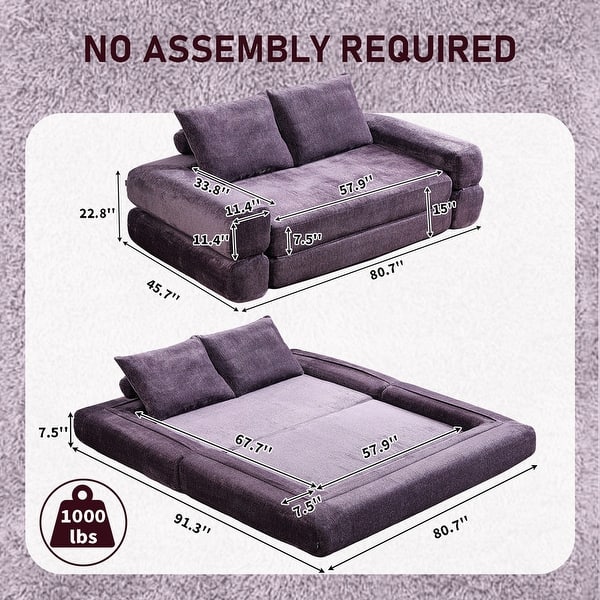 dimension image slide 1 of 2, Modern Chenille Convertible Sofa Bed Queen Size Split Back Design