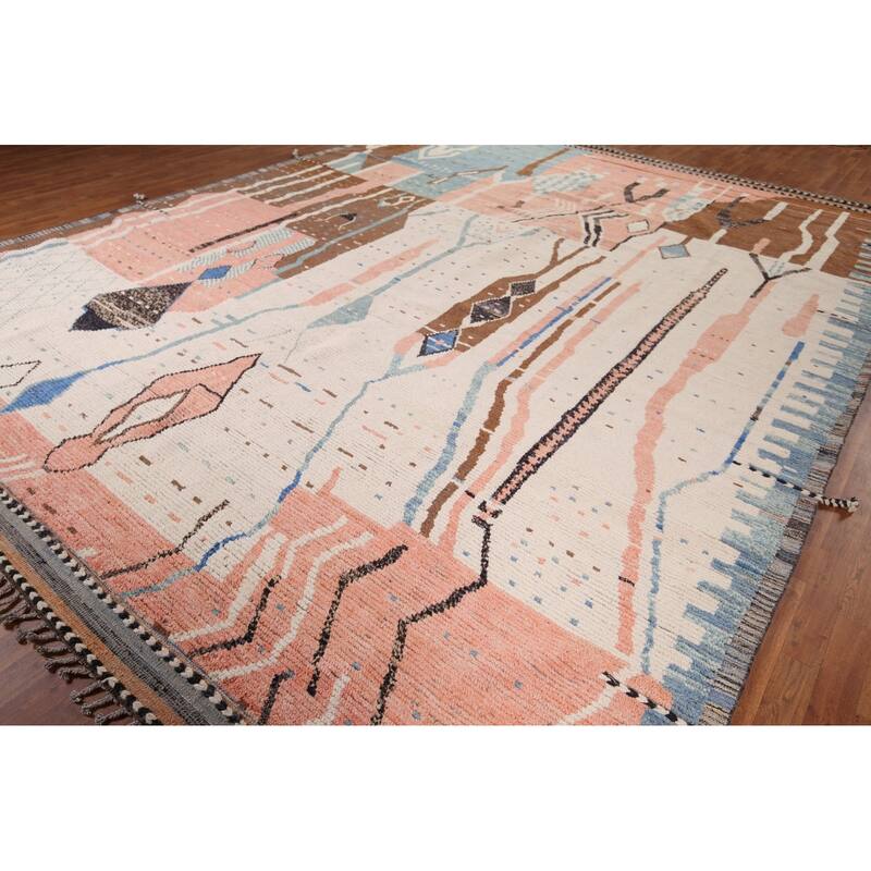 Earth Tone Moroccan Large Modern Area Rug Hand-Knotted Wool Carpet - 11'11" x 15'2"