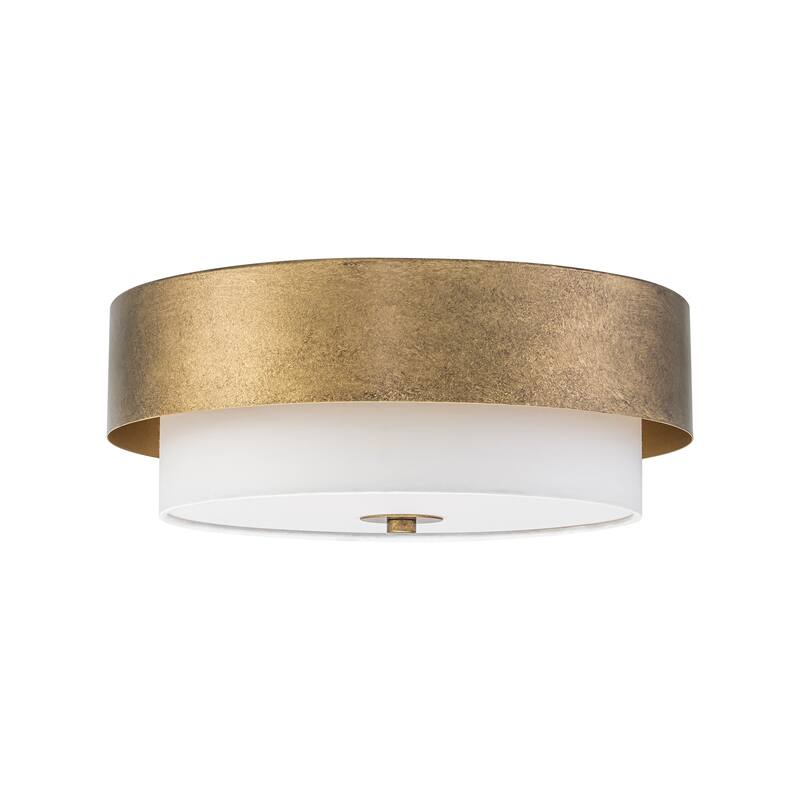 13.8" W Mid-Century Modern Tiered Flower/Circluar Drum Ceiling Light in Distressed Stain Gold with White Fabric Shade