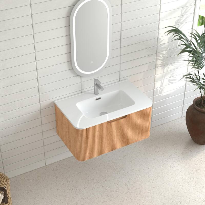30" Wall-Mounted Floating Solid Wood Bathroom Vanity Pre-Assembled Curved Edge Storage Cabinet With Ceramic Basin