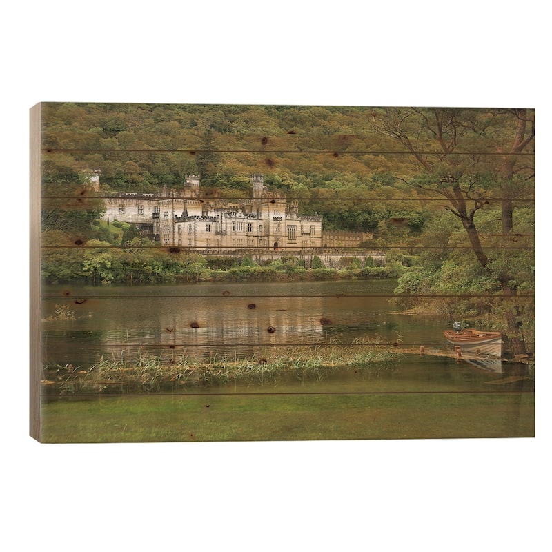 Kylemore Abbey, County Galway, Ireland, Castle, Towers Landscape, Scenic, Boat Print On Wood by Patrick J. Wall - Multi-Color - 26x40x1.5