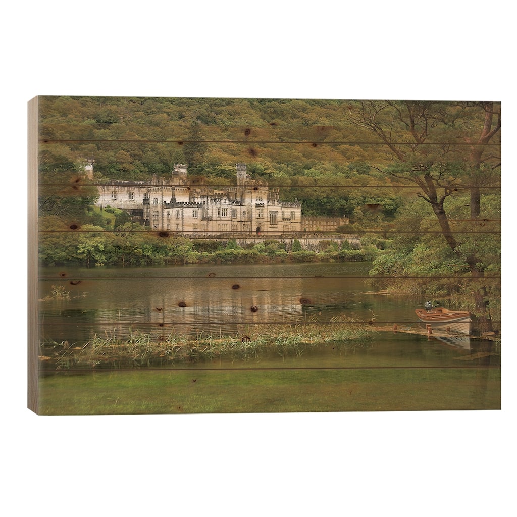 Kylemore Abbey, County Galway, Ireland, Castle, Towers Landscape, Scenic, Boat Print On Wood by Patrick J. Wall - Multi-Color