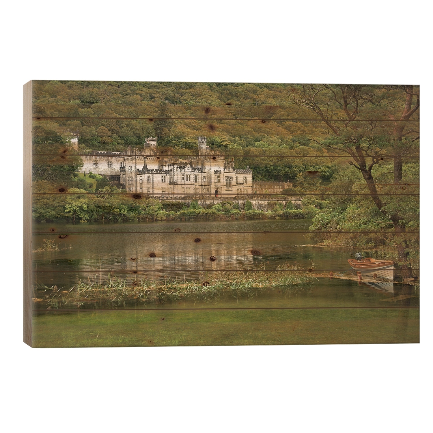 Kylemore Abbey, County Galway, Ireland, Castle, Towers Landscape, Scenic, Boat Print On Wood by Patrick J. Wall - Multi-Color