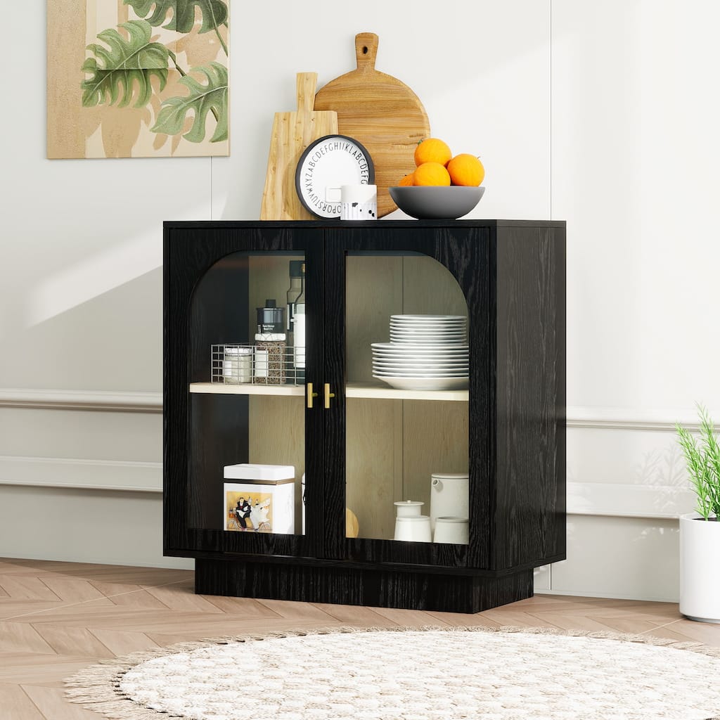 Storage Cabinet with 2 Acrylic Door, Wooden Kitchen Pantry Sideboard, Display Cabinet with Metal Handles & Adjustable Shelves