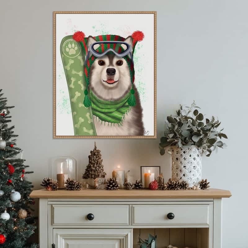 Husky Snowboard by Fab Funky (23 x 28 in.), Framed Canvas Wall Art Print - Sylvie Beaded Rustic Natural