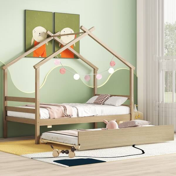 slide 2 of 12, Natural Twin Size Pine Wood House-shaped Bed with Trundle and Roof for Kids, Boys and Girls Natural