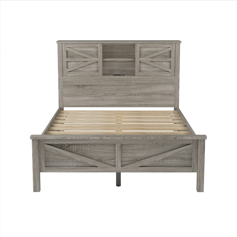 Farmhouse Platform Bed with Double Sliding Barn Door, Full/Queen Size Rustic Bed Frame with Charging Station, Wood Slats Support