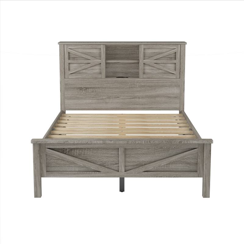Farmhouse Platform Bed with Double Sliding Barn Door, Full Size Rustic Wood Bed with Charging Station, Wood Slats Support