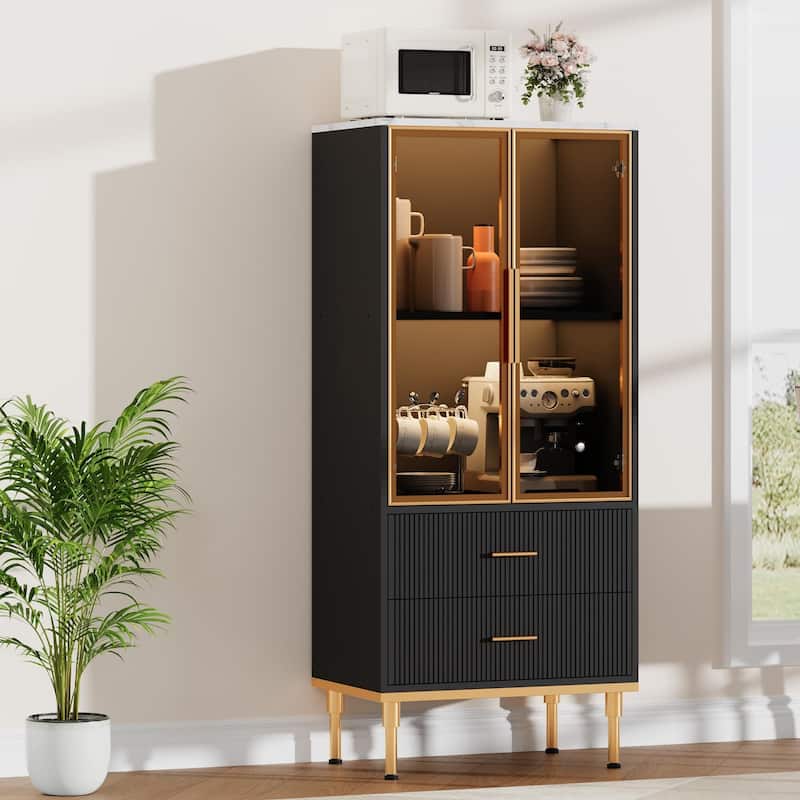 Pantry Cabinet, Freestanding Kitchen Storage Cabinet with Glass Door and 2 Drawers, Modern Kitchen Cupboard with 2