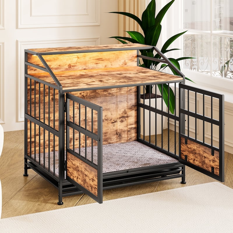 Anmytek Large Wooden Dog Crate Furniture Multi Function Indoor Dog Kennel with Storage and Double Doors