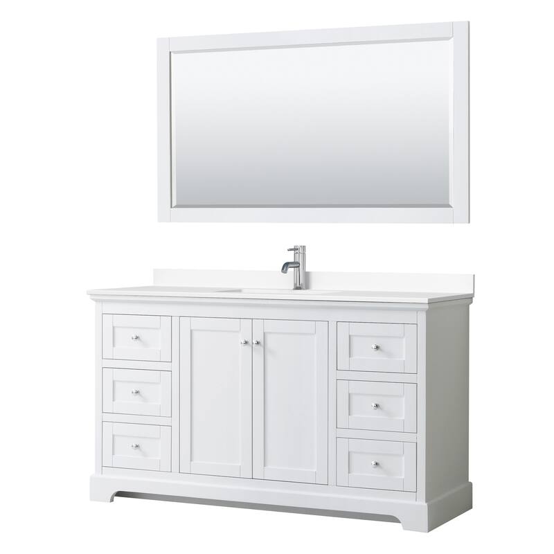 Avery 60 Inch Single Vanity, Cultured Marble Top, 58 Inch Mirror - White, Chrome Trim, White Cultured Marble Top