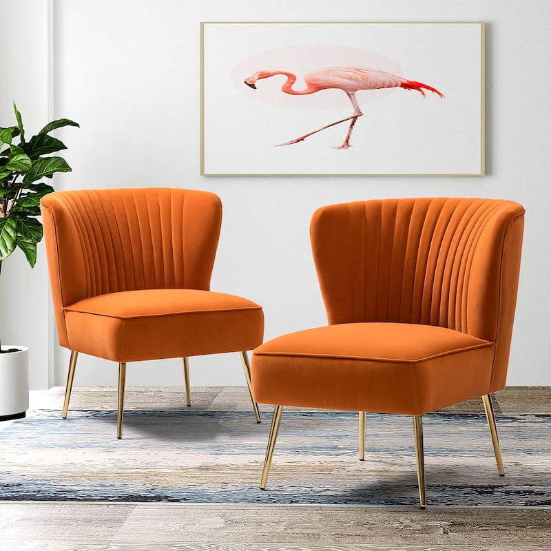 Monica Upholstered Modern Tufted Side Chair with Gold Legs Set of 2 by HULALA HOME - ORANGE