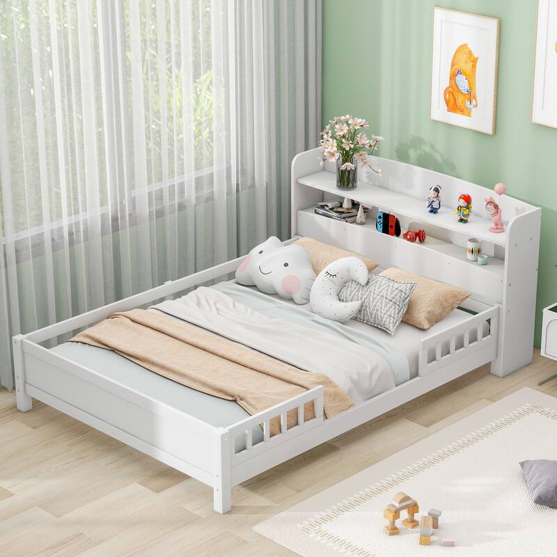 Wooden Full Platform Bedframe w/Built-in LED Light & Storage Headboard