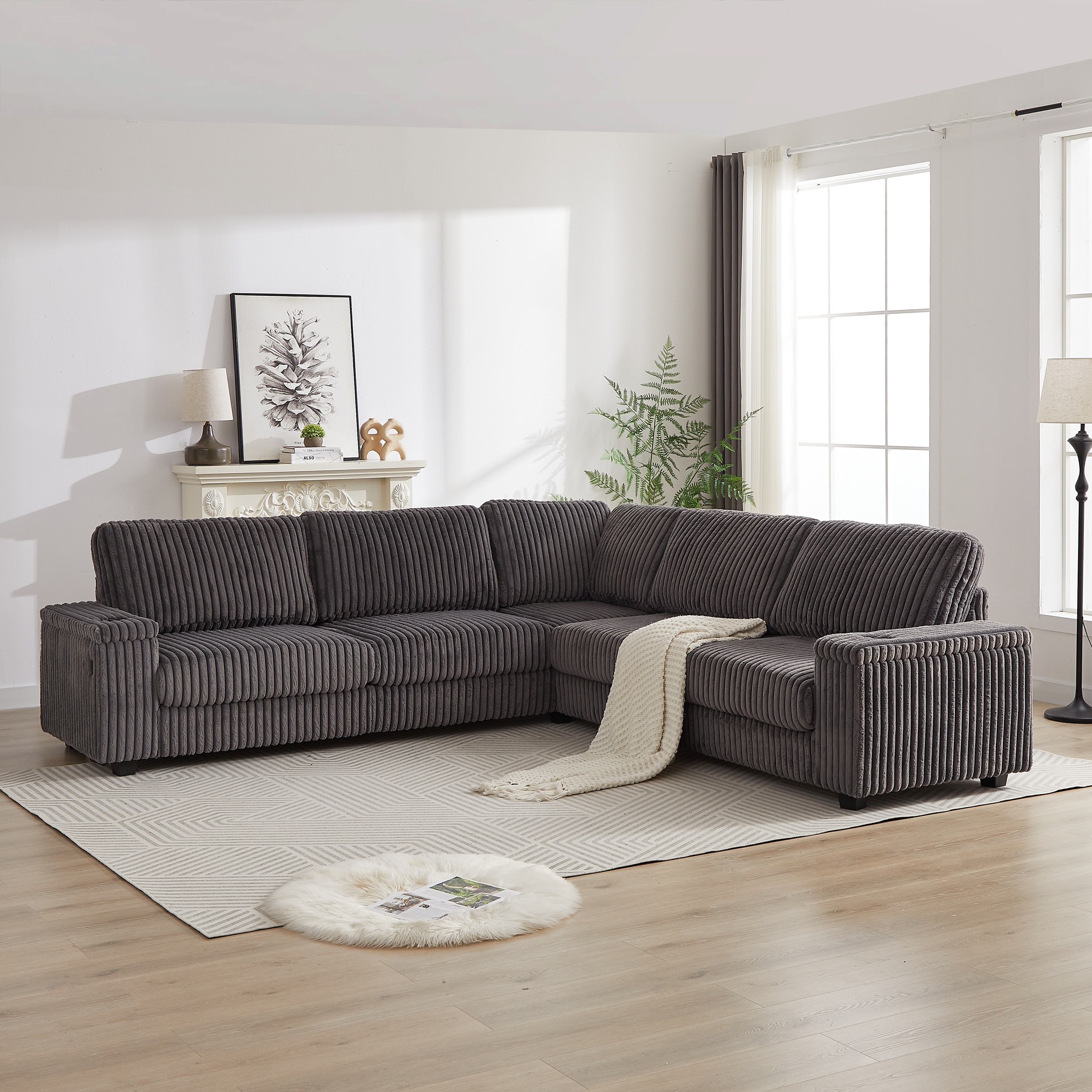 110*110" Living Room Corduroy Corner Sofa,Oversize L Shaped Sectional Sofa Couch with Arm Storage,USB Ports&Cup Holder,DARK GREY