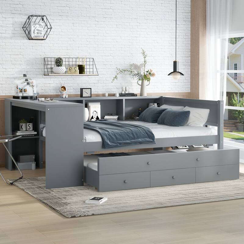 Roomfitters Twin/Full Size Wood Daybed with Trundle, Storage Drawers, Side Shelves & Built-in Desk, No Box Spring Needed