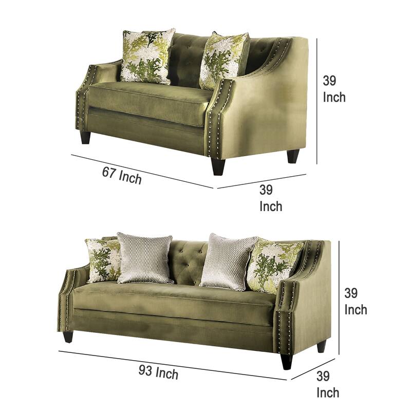 Syna Sofa and Loveseat Set, Bench Style Seat, Green Tufted Microfiber