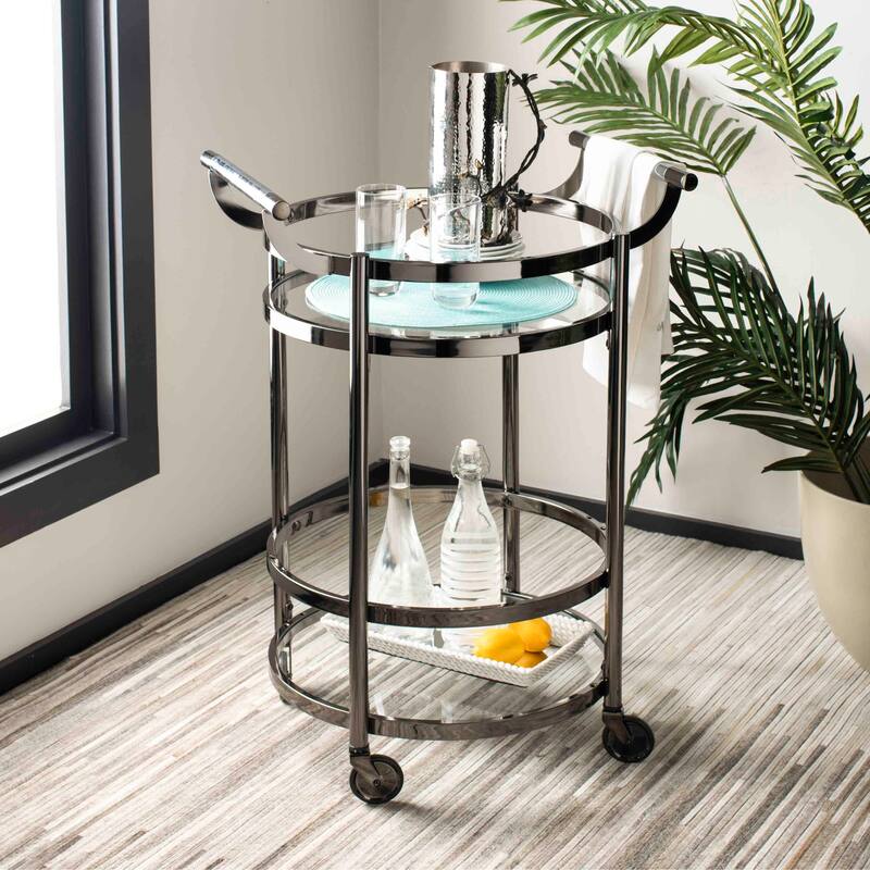 SAFAVIEH Sienna 2 Tier Round Bar Cart-Black Nickel / Glass. - 24" W x 20" D x 34" H