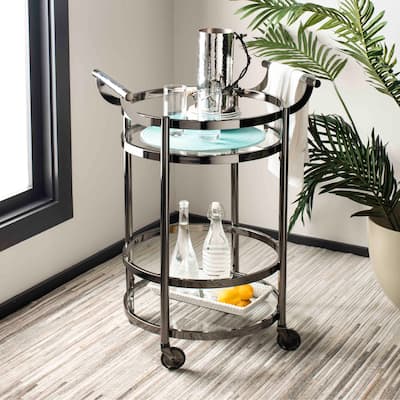 SAFAVIEH Sienna 2 Tier Round Bar Cart-Black Nickel / Glass. - 24" W x 20" D x 34" H
