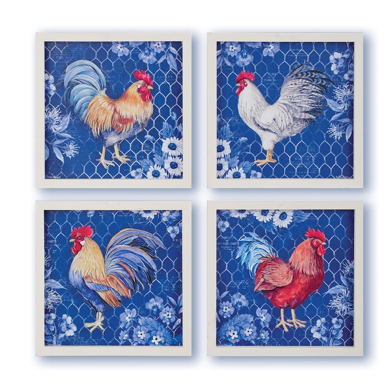 Blue Country Rooster Wooden Framed 4-Piece Wall Art Set