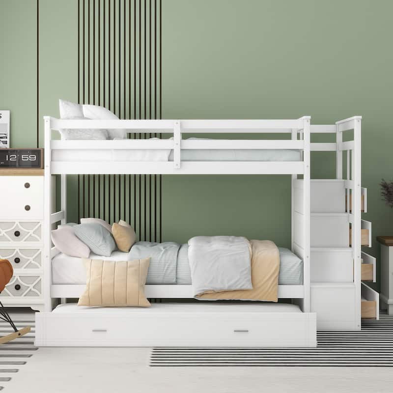 Twin/Full Size Bunk Bed with Trundle Bed and Storage Staircase, Solid Pinewood Bunk Bed Frame with Safety Guardrail - White - Twin