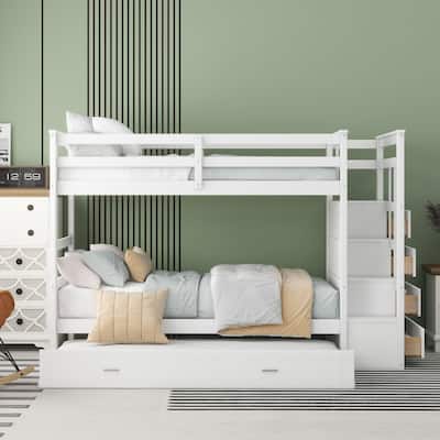 Twin Over Twin Bunk Bed with Trundle and Staircase, White