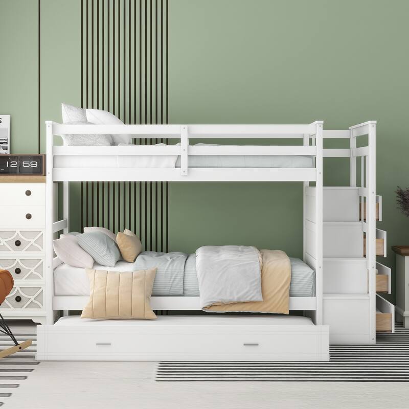 White Twin Over Twin Bunk Bed with Trundle, Staircase and Storage Drawers, Space-Saving Design