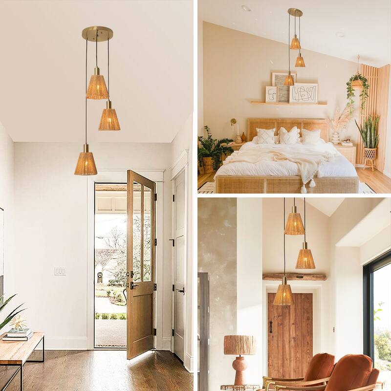 15" W Brass 3-Light Kitchen Island Pendant Light with Paper Rope Shades