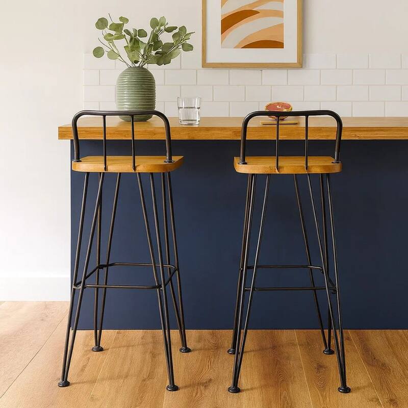 Rih Barstool Low Back Chair Set of 2, Black Metal, Brown Acacia Wood