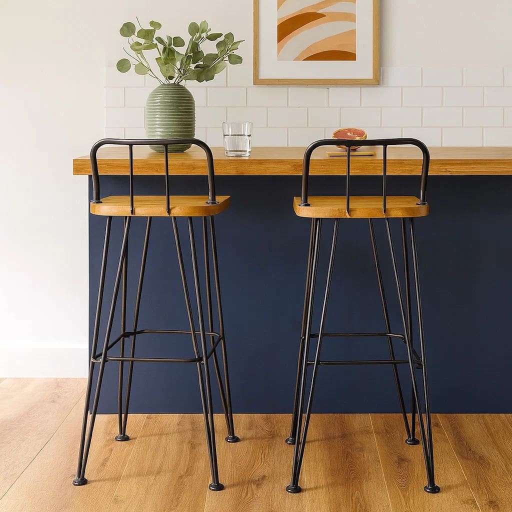 Rih Barstool Low Back Chair Set of 2, Black Metal, Brown Acacia Wood