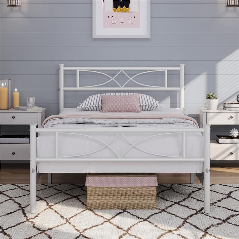 Yaheetech Simple Metal Platform Bed Frame with Curved Design Headboard and Footboard - White - Twin