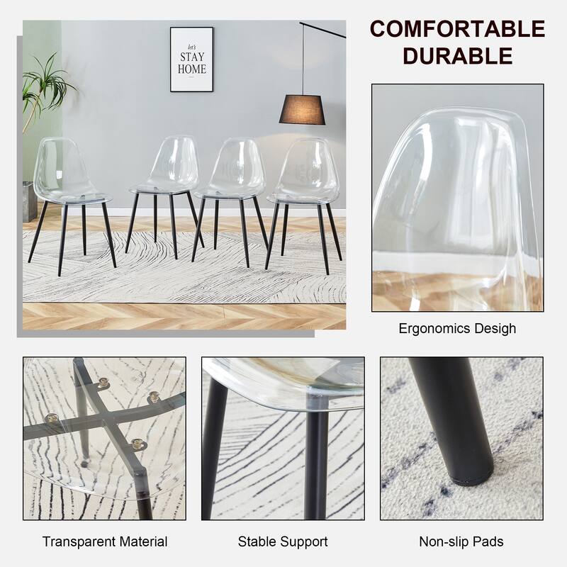 Roomfitters Transparent Plastic Dining Chairs with Black Metal Legs, Armless Crystal Nordic Style Set of 4 for Home Use, Black