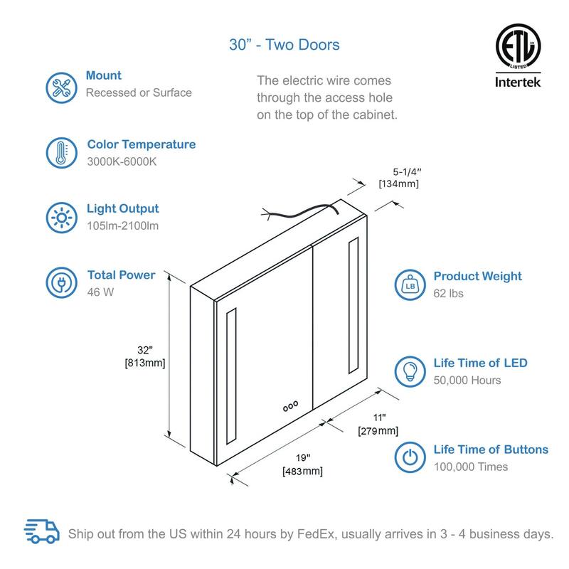 LED-lit Medicine Cabinet with Mirrors, Defogger, and USB Outlets