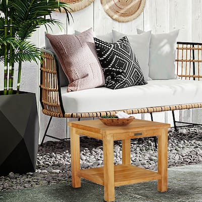 Teak Wood Panama Outdoor End Table With Shelf, Large