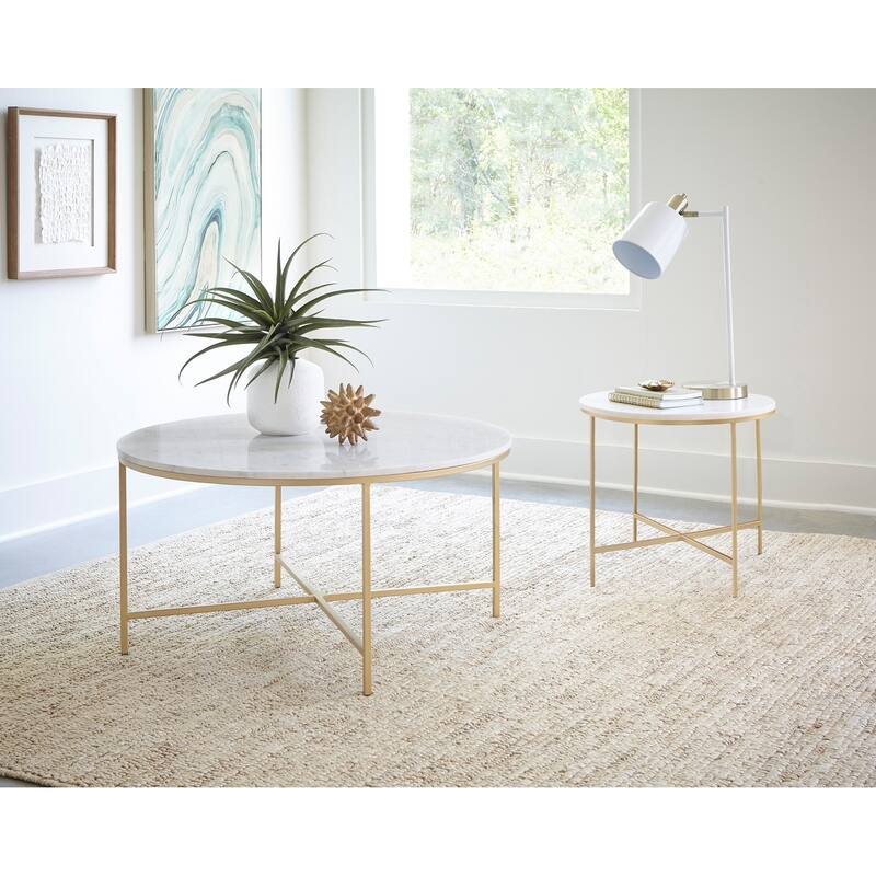 Round Faux Marble Coffee Table with Metal Legs in White and Gold
