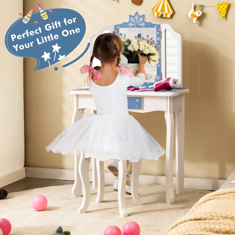 Gymax Kid Vanity Set Wooden Makeup Table Stool Tri-Folding Mirror