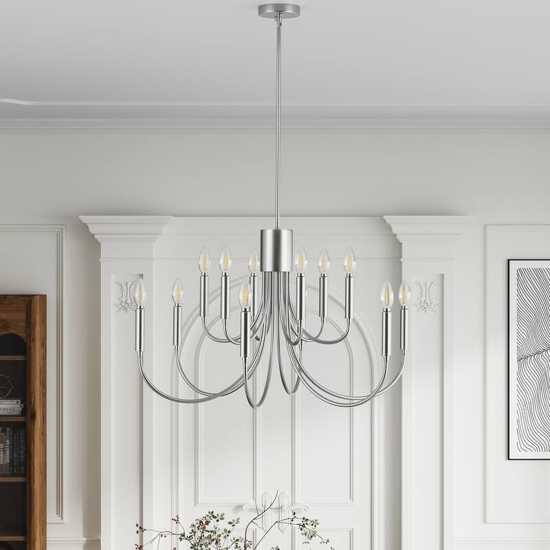 Classic Industrial 12-Light Iron Candle Chandelier for Dining Room Kitchen Island - Nickel