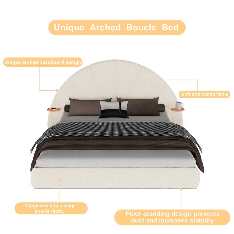 Roomfitters Queen Arched Boucle Bed Frame with Attached Side Table, Beige