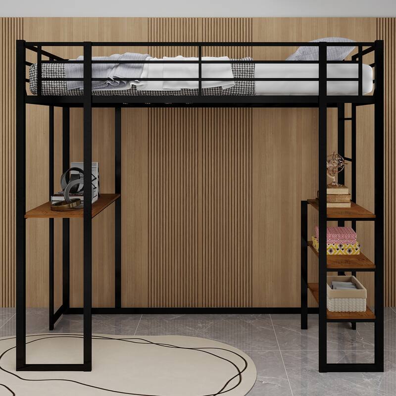 Space-Saving Iron Bunk Bed with L-Shaped Desk, Dual Staircase & Storage for Kids & Teens