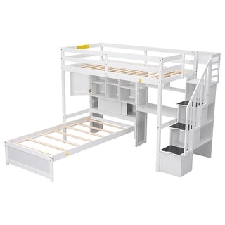 White Twin Over Twin Wood Loft Bed with Desk and Storage Staircase ...