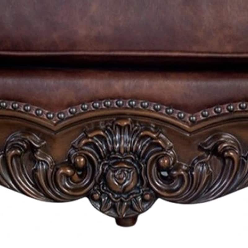 Puhi Sofa, Brown Faux Leather, Ornate Carved Dark Cherry Wood, 95 Inch