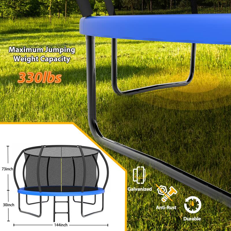 12FT Recreational Kids Trampoline with Safety Enclosure Net & Ladder, Outdoor Recreational Trampolines